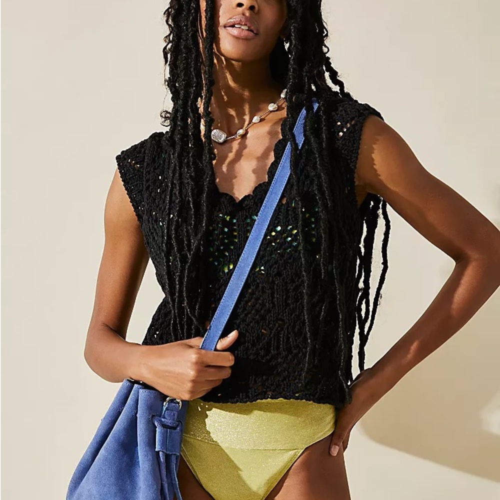 Free People Alicia Crop Knit Crochet Beach Fauxchet Top Small